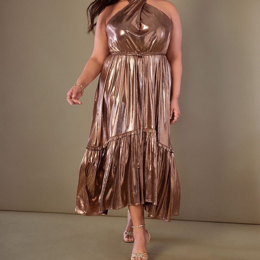 Eloquii Gold Ruched Tiered Halter Sundress